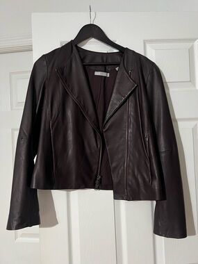 Vince Burgundy Leather Asymmetrical Moto Jacket cotton lining